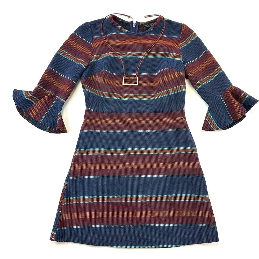 Top Shop serape blanket stripe dress and NEW necklace Size 6 fluted sleeves